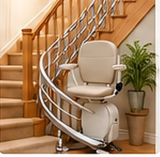 Illustrative curved stairlift installed alongside a wooden staircase