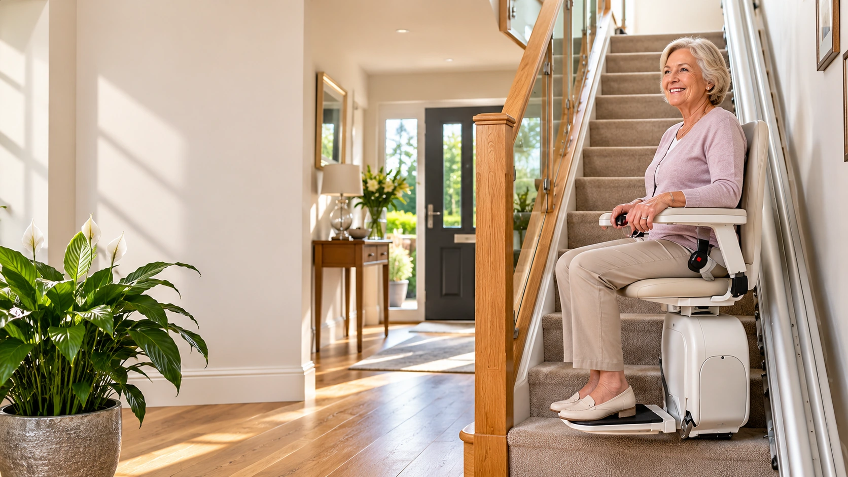 Illustration of a smiling older woman seated on a stairlift in a bright UK-style home
