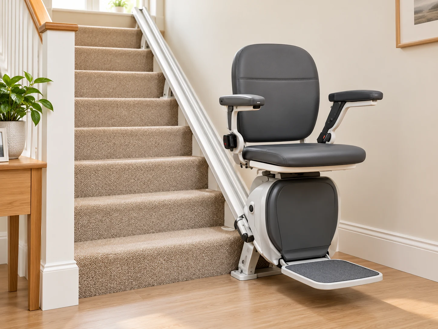 Illustrative reconditioned-style stairlift with dark seat