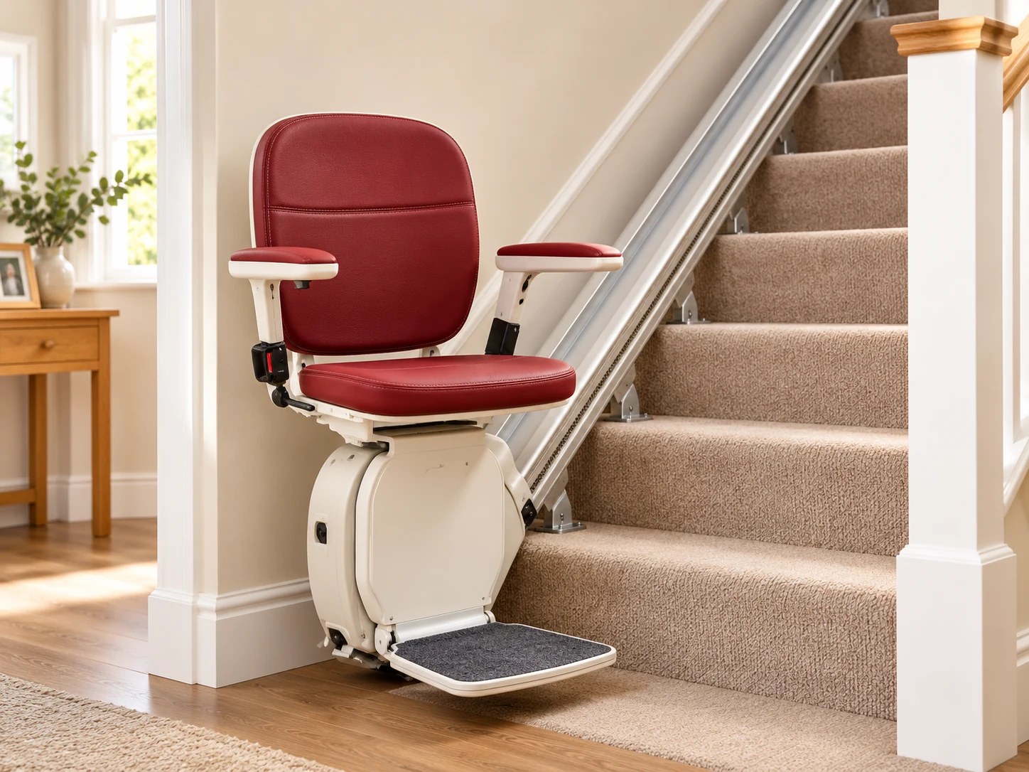 Illustrative rental-style stairlift with red seat